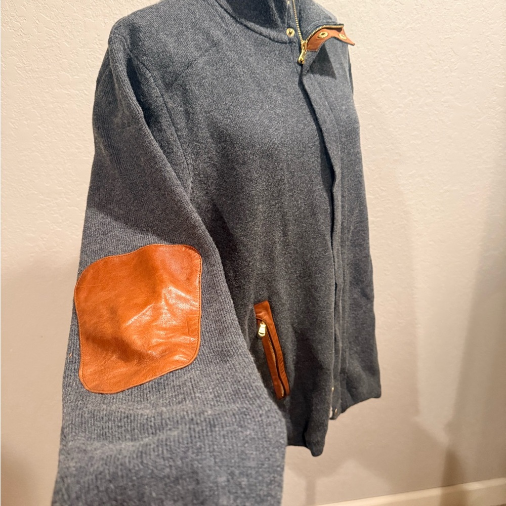 Men's Gray Zip-Up Sweater with Leather Accents